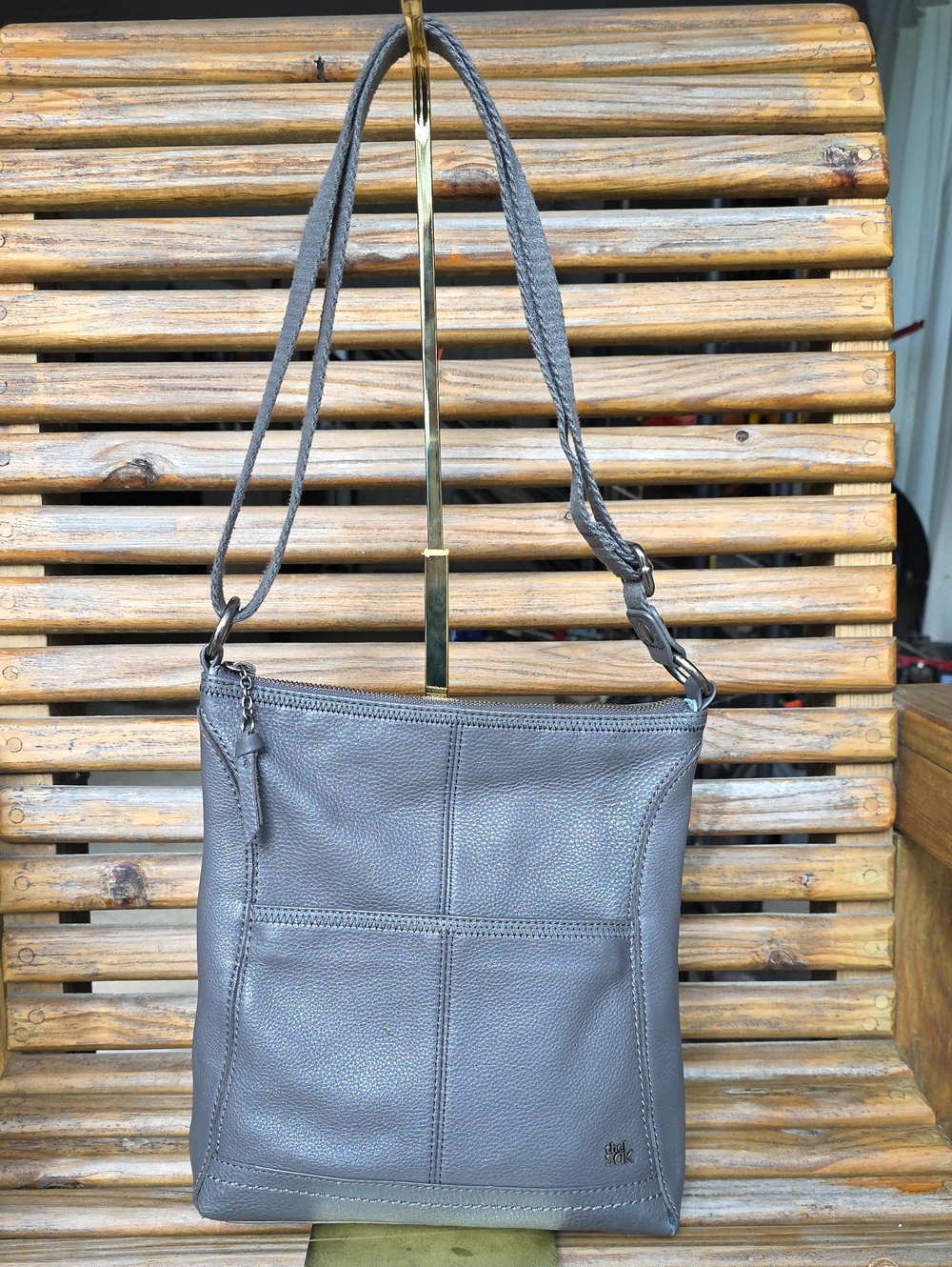 The Sak Gray Pebbled Leather Shoulder Bag Iris Crossbody Casual Medium